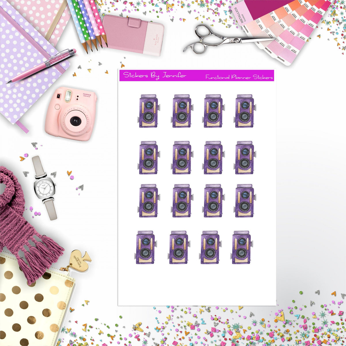 Camera Watercolor Stickers, Planner Stickers, Journal Stickers, Functional Planner Stickers, Stationary Stickers