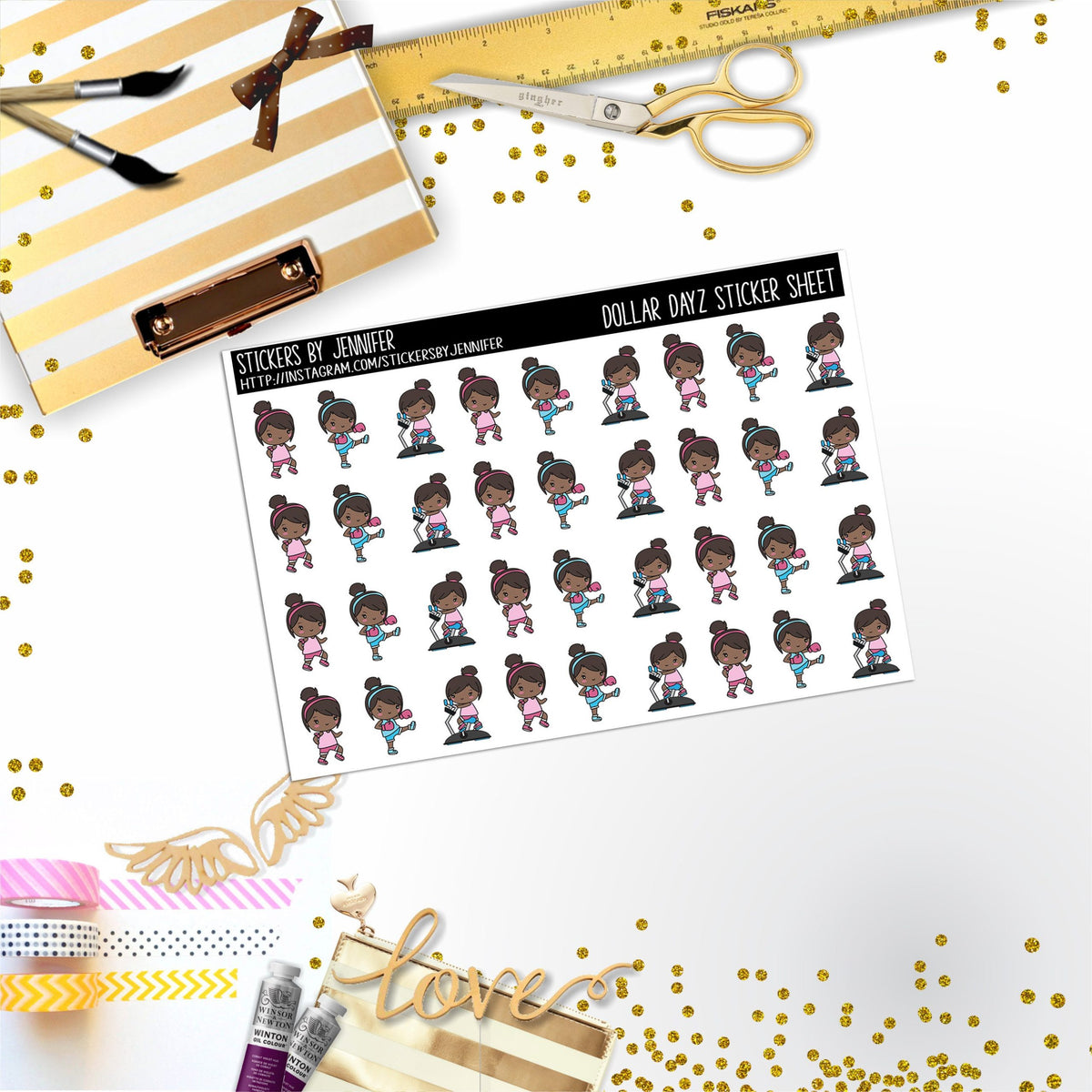 Character Girl Workout Mini DD018, Planner Stickers, Bullet Journal, Functional Planner Stickers, Stationary Stickers