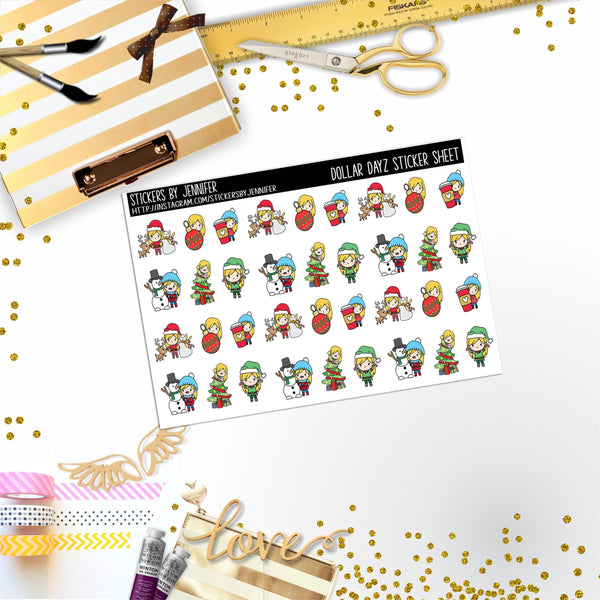 Christmas Character Girl Mini DD042, Planner Stickers, Bullet Journal, Functional Planner Stickers, Stationary Stickers