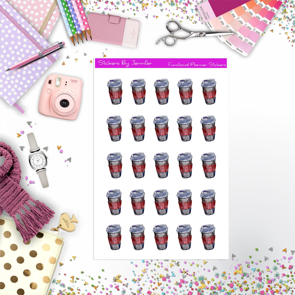 Coffee Cup Stickers, Planner Stickers, Journal Stickers, Functional Planner Stickers, Stationary Stickers