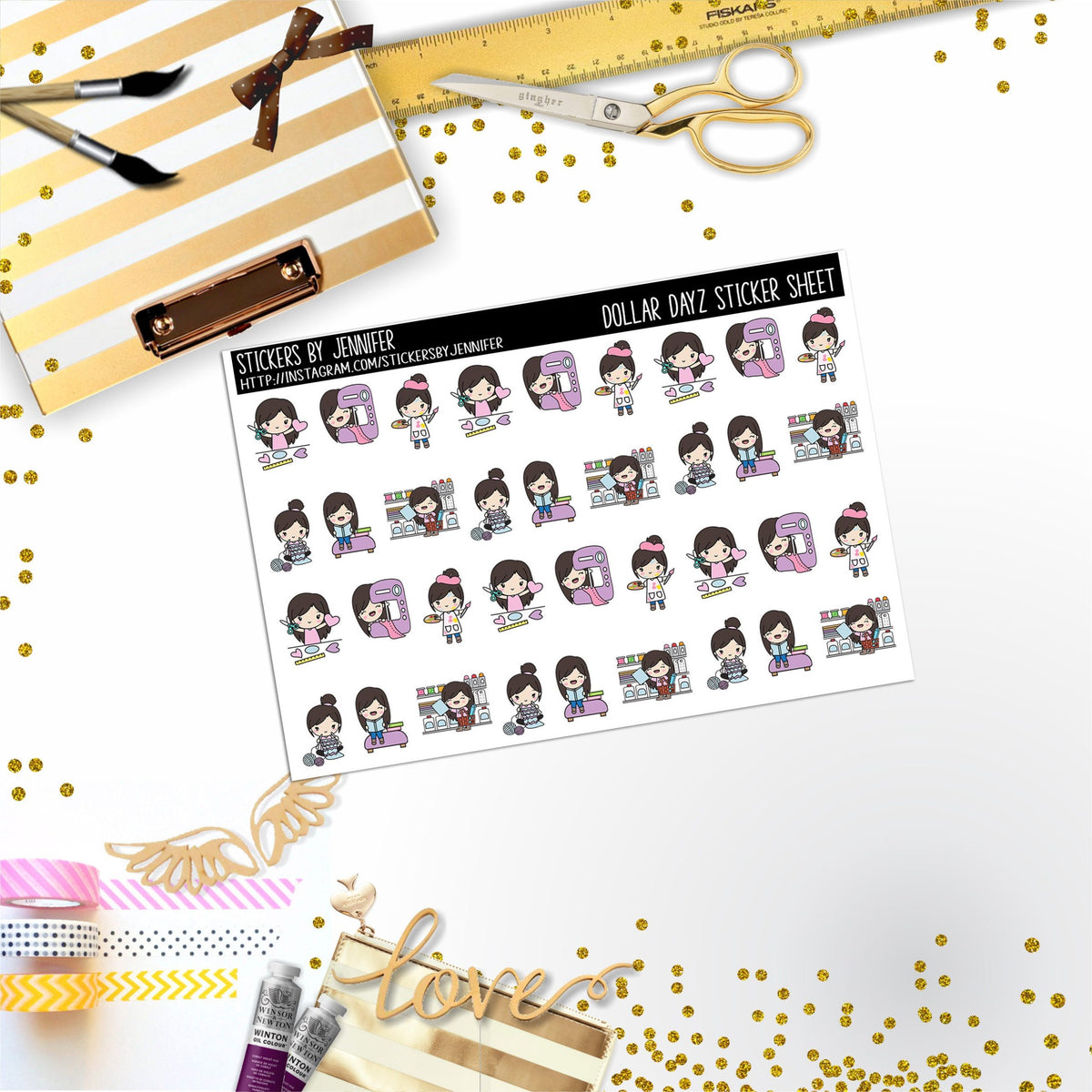 Crafting Character Girl Mini DD036, Planner Stickers, Bullet Journal, Functional Planner Stickers, Stationary Stickers
