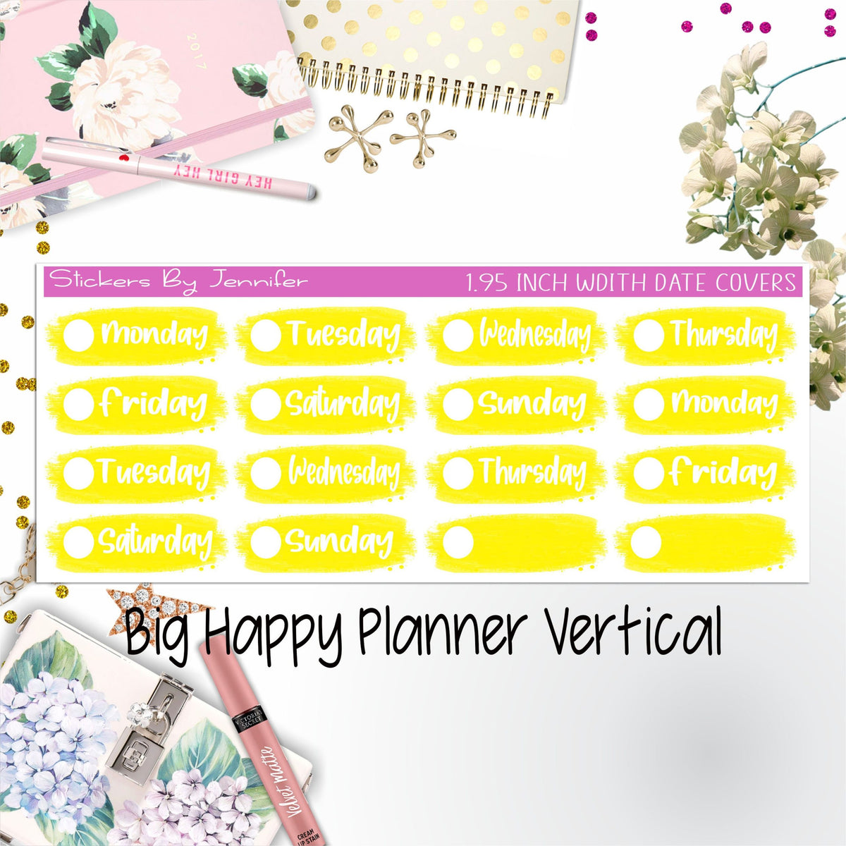 Date Covers 1.95 inch Width Quarter Box Labels 002 for Big Happy Planner Vertical Planner Stickers