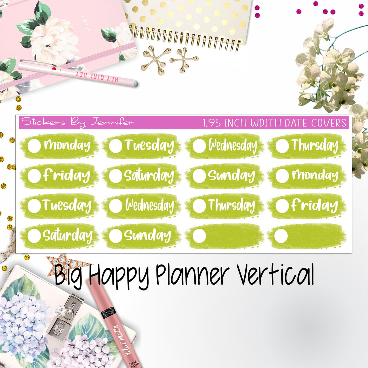 Date Covers 1.95 inch Width Quarter Box Labels 007 for Big Happy Planner Vertical Planner Stickers