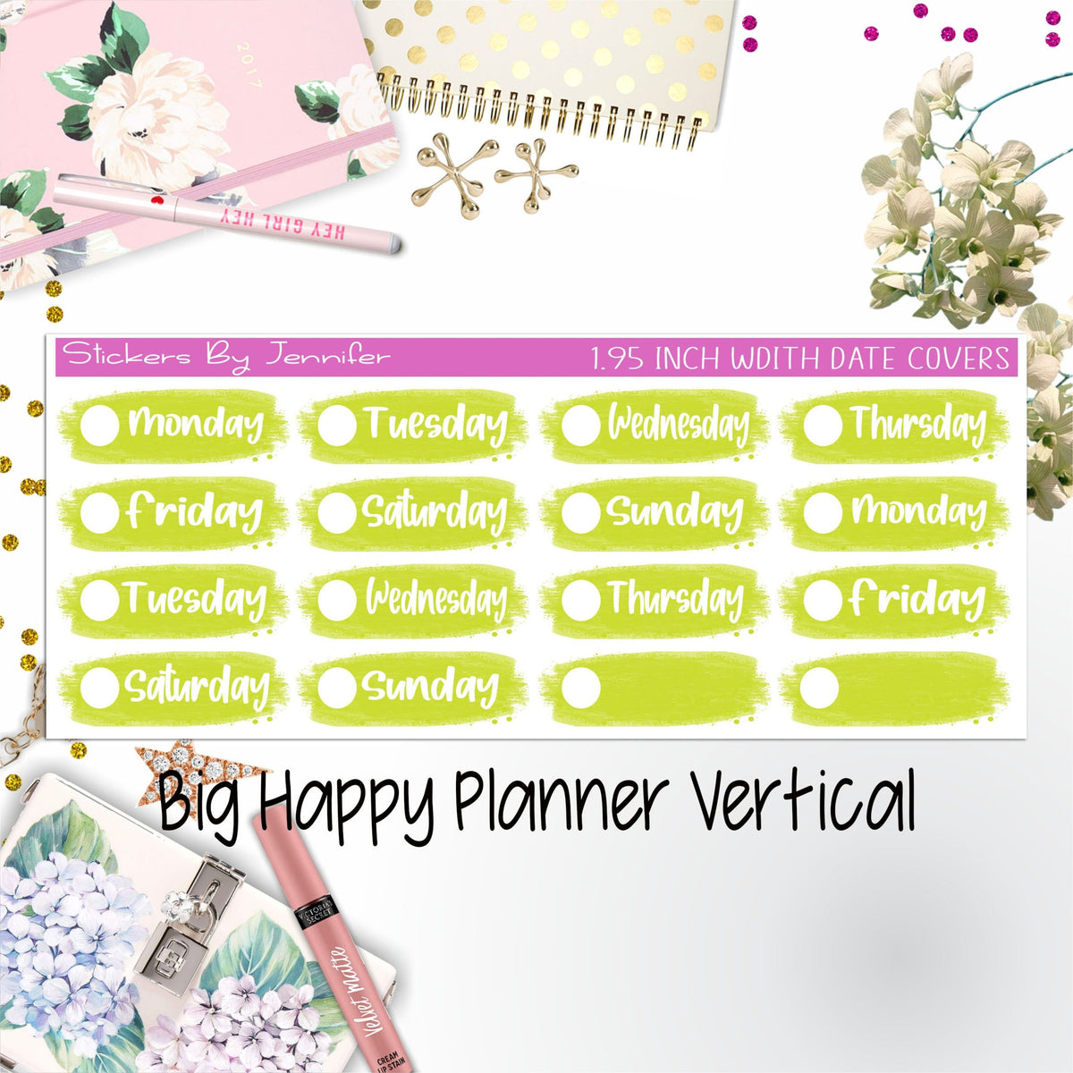 Date Covers 1.95 inch Width Quarter Box Labels 008 for Big Happy Planner Vertical Planner Stickers