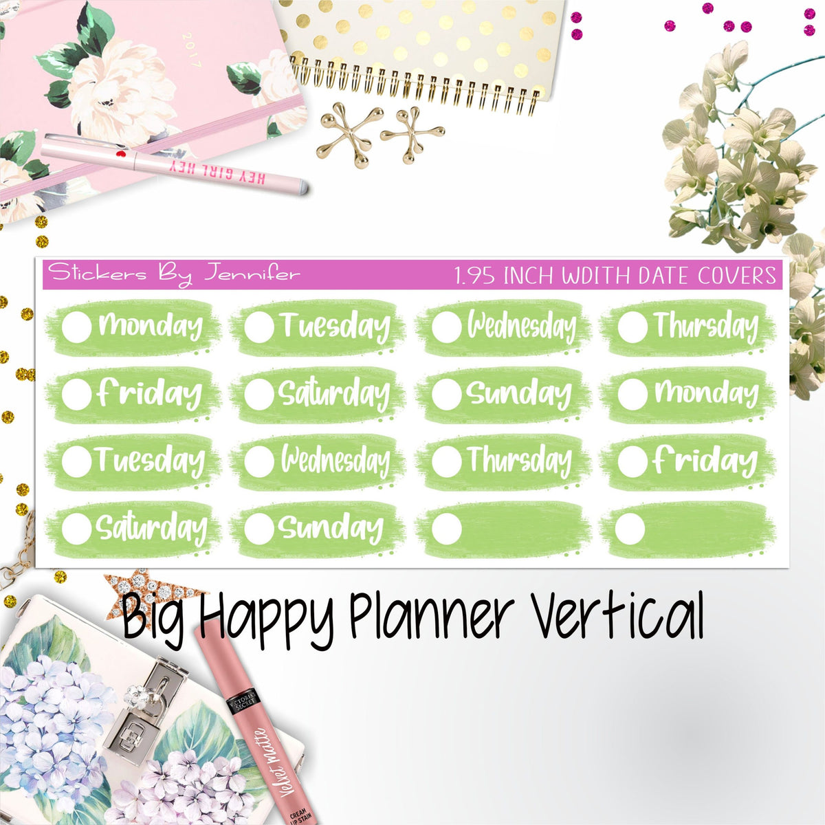 Date Covers 1.95 inch Width Quarter Box Labels 015 for Big Happy Planner Vertical Planner Stickers