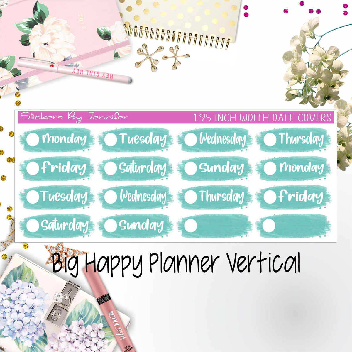 Date Covers 1.95 inch Width Quarter Box Labels 026 for Big Happy Planner Vertical Planner Stickers