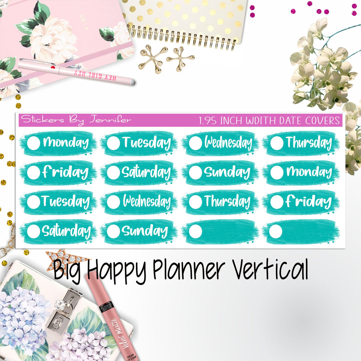 Date Covers 1.95 inch Width Quarter Box Labels 027 for Big Happy Planner Vertical Planner Stickers