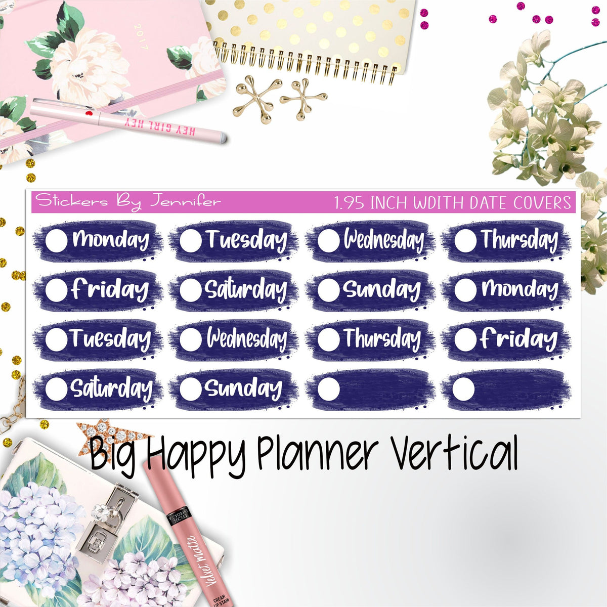 Date Covers 1.95 inch Width Quarter Box Labels 040 for Big Happy Planner Vertical Planner Stickers