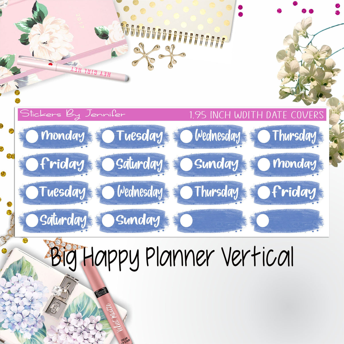 Date Covers 1.95 inch Width Quarter Box Labels 042 for Big Happy Planner Vertical Planner Stickers