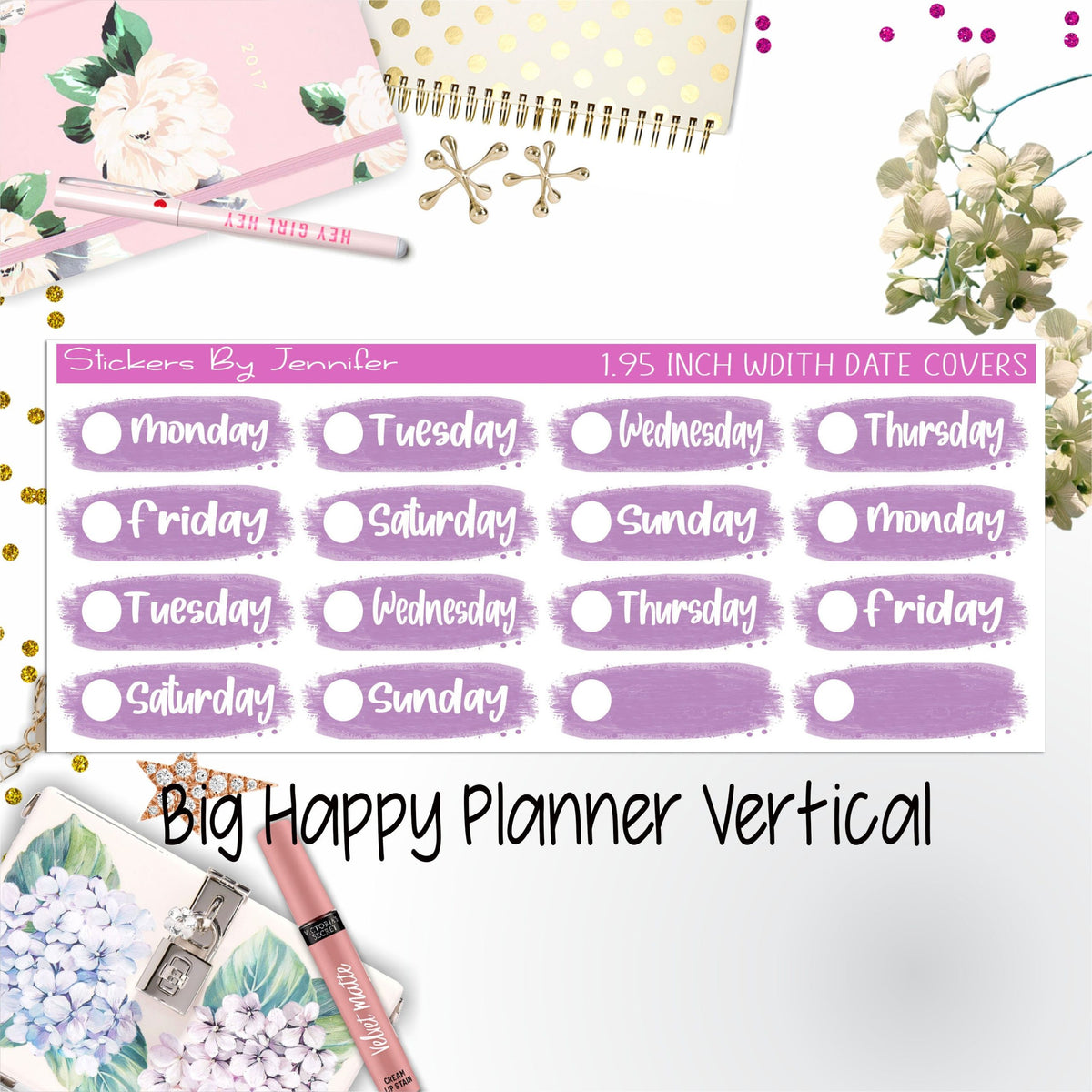 Date Covers 1.95 inch Width Quarter Box Labels 053 for Big Happy Planner Vertical Planner Stickers