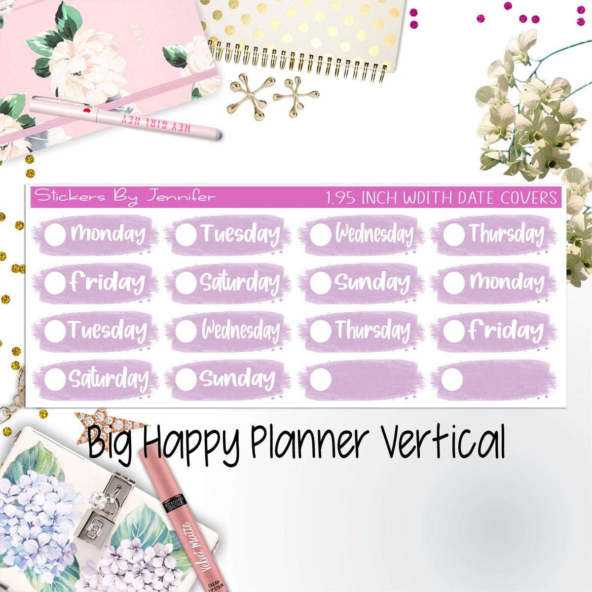Date Covers 1.95 inch Width Quarter Box Labels 054 for Big Happy Planner Vertical Planner Stickers