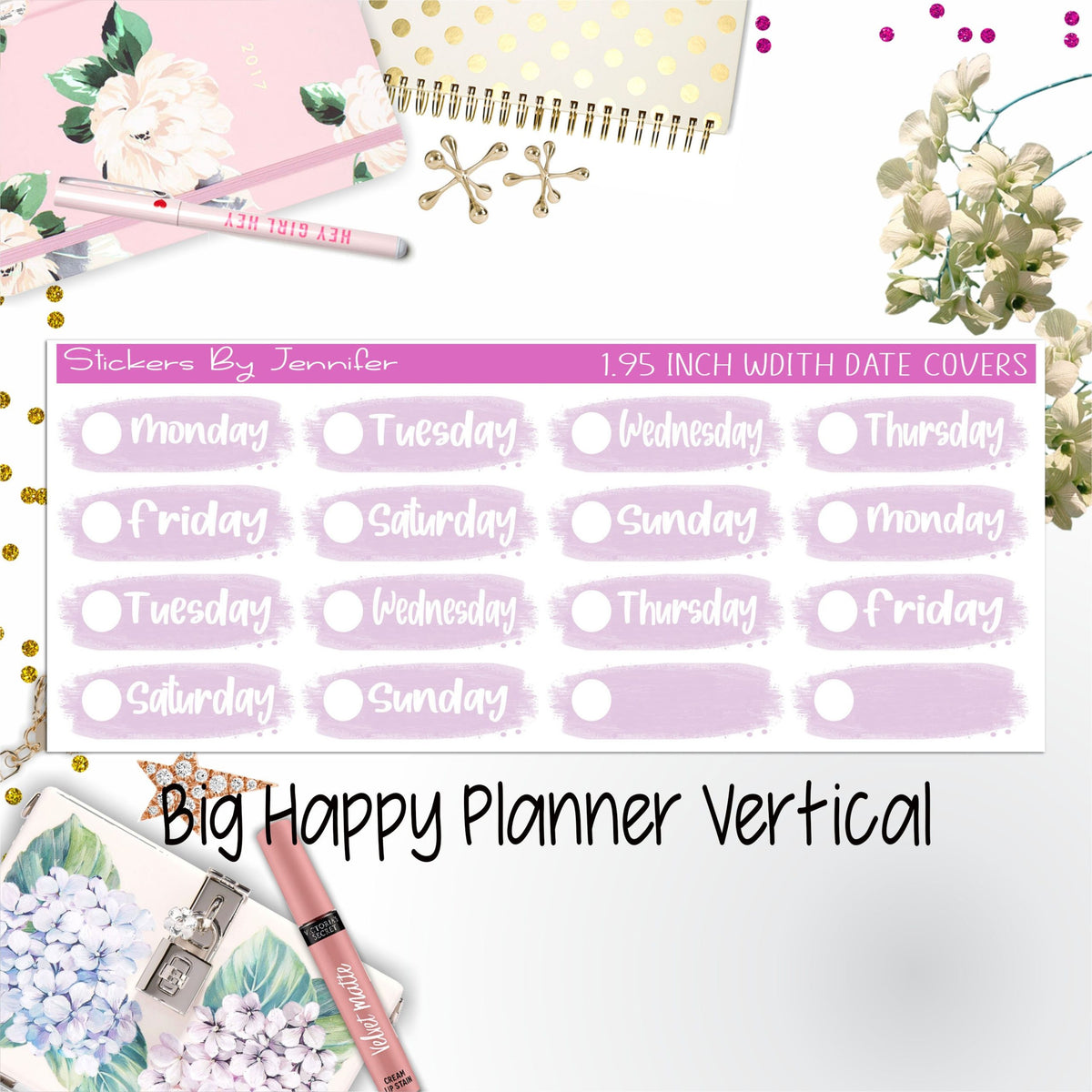 Date Covers 1.95 inch Width Quarter Box Labels 055 for Big Happy Planner Vertical Planner Stickers