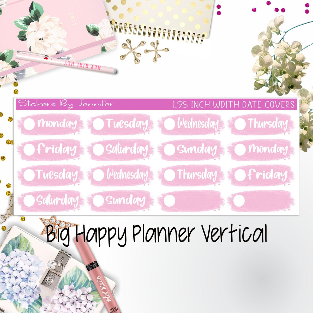 Date Covers 1.95 inch Width Quarter Box Labels 056 for Big Happy Planner Vertical Planner Stickers
