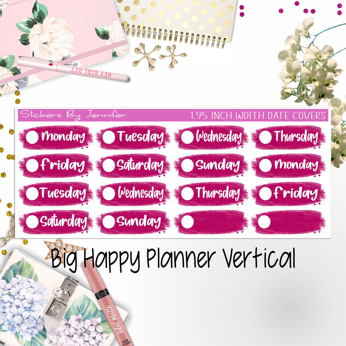 Date Covers 1.95 inch Width Quarter Box Labels 061 for Big Happy Planner Vertical Planner Stickers