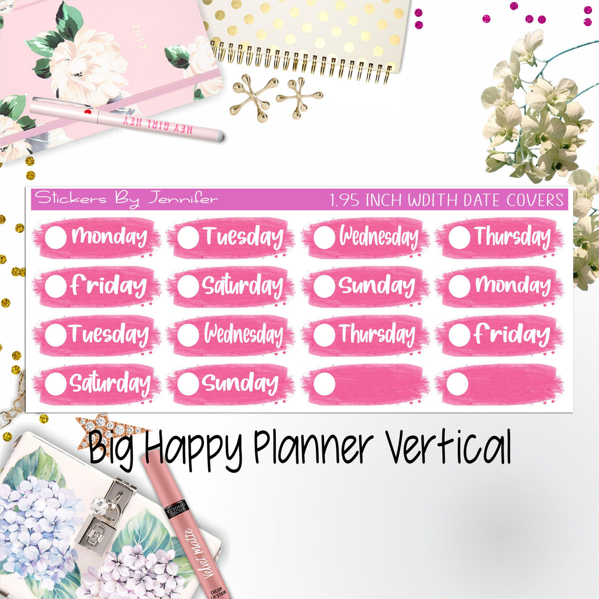 Date Covers 1.95 inch Width Quarter Box Labels 064 for Big Happy Planner Vertical Planner Stickers