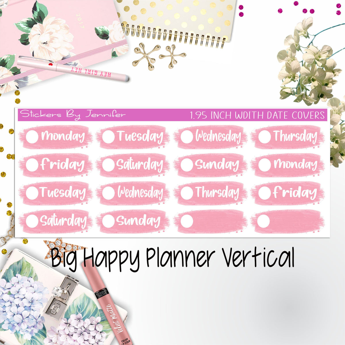 Date Covers 1.95 inch Width Quarter Box Labels 066 for Big Happy Planner Vertical Planner Stickers