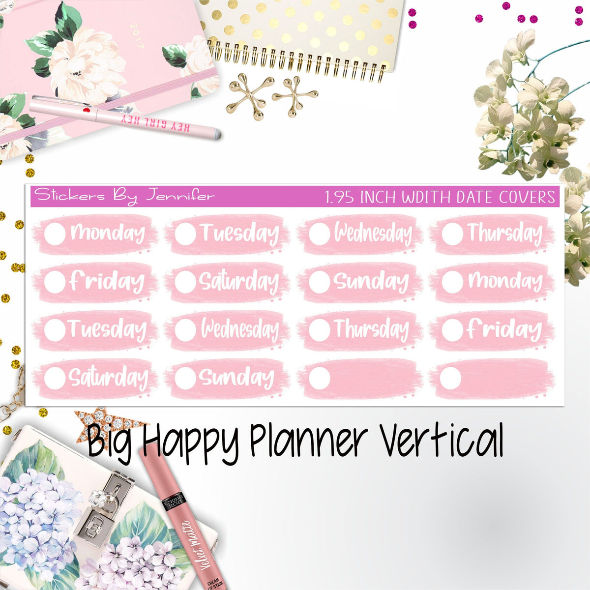 Date Covers 1.95 inch Width Quarter Box Labels 067 for Big Happy Planner Vertical Planner Stickers