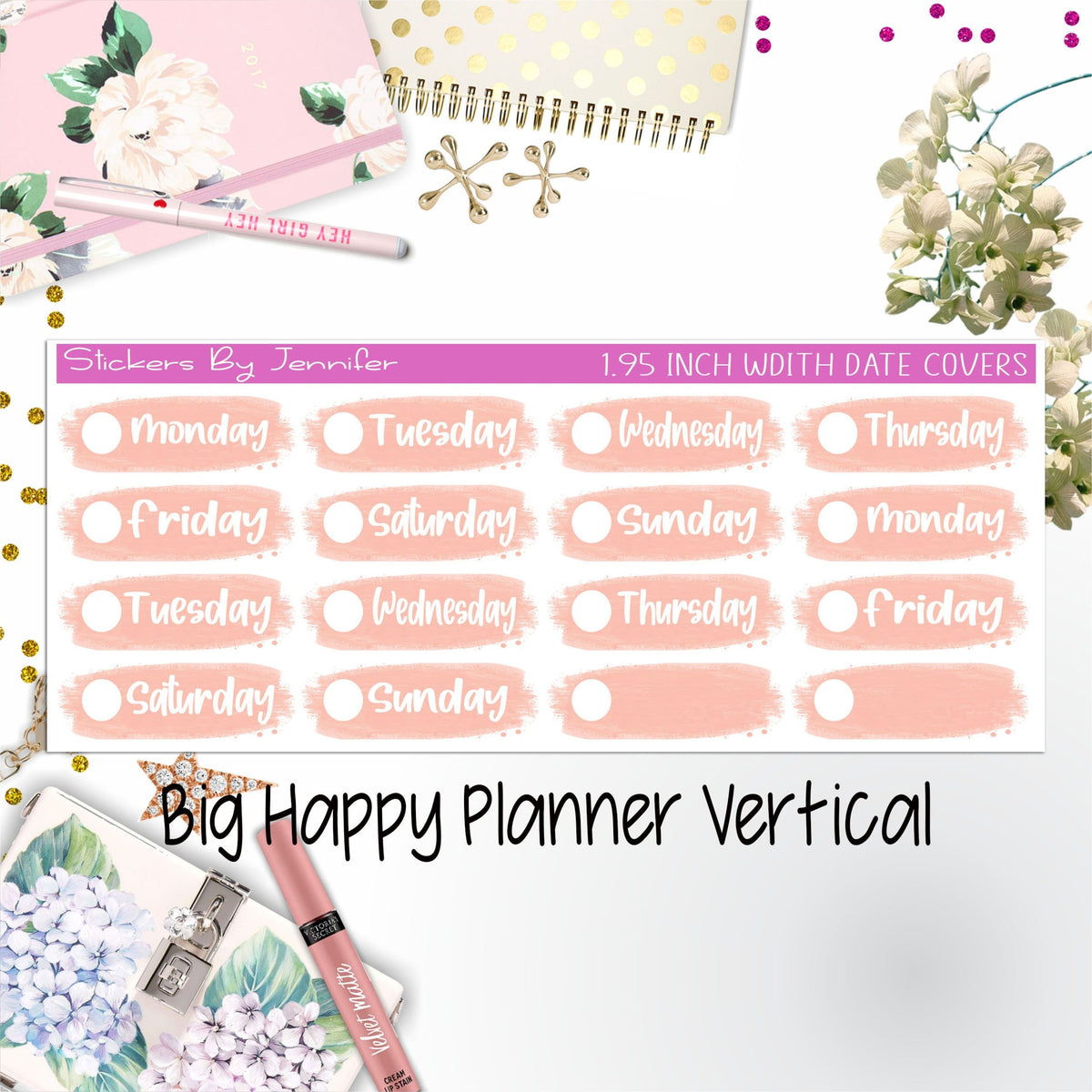 Date Covers 1.95 inch Width Quarter Box Labels 068 for Big Happy Planner Vertical Planner Stickers