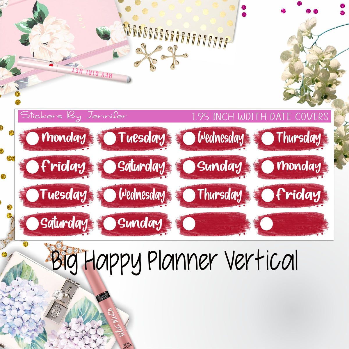 Date Covers 1.95 inch Width Quarter Box Labels 074 for Big Happy Planner Vertical Planner Stickers