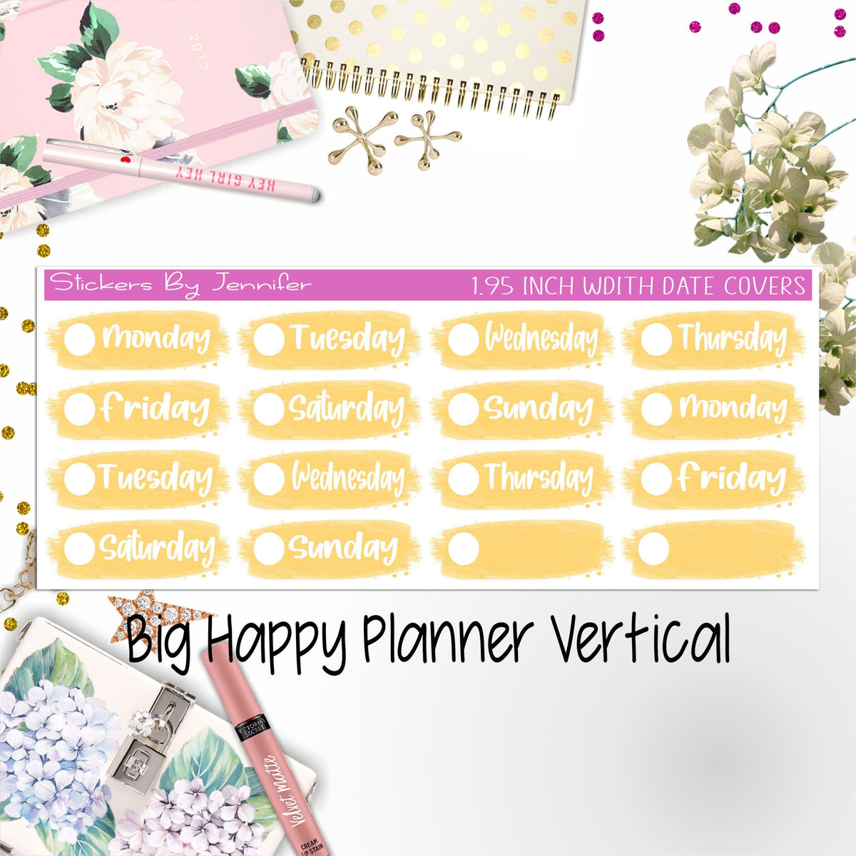 Date Covers 1.95 inch Width Quarter Box Labels 079 for Big Happy Planner Vertical Planner Stickers