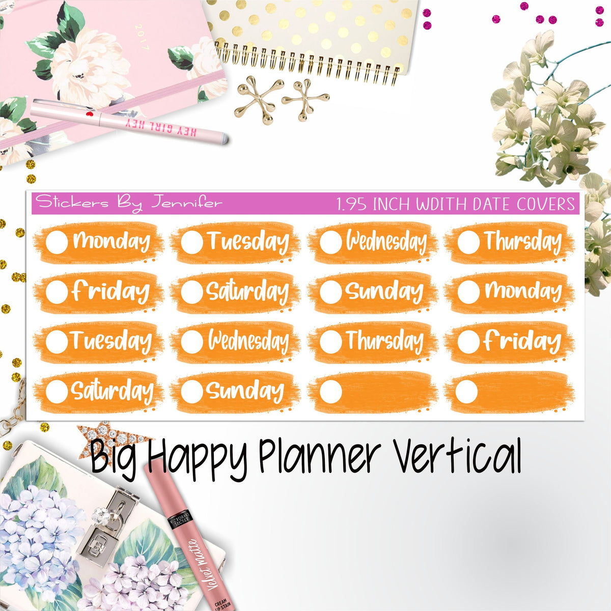 Date Covers 1.95 inch Width Quarter Box Labels 081 for Big Happy Planner Vertical Planner Stickers
