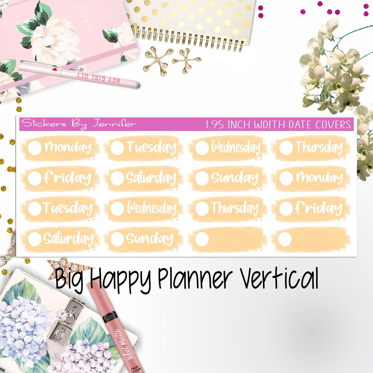 Date Covers 1.95 inch Width Quarter Box Labels 086 for Big Happy Planner Vertical Planner Stickers