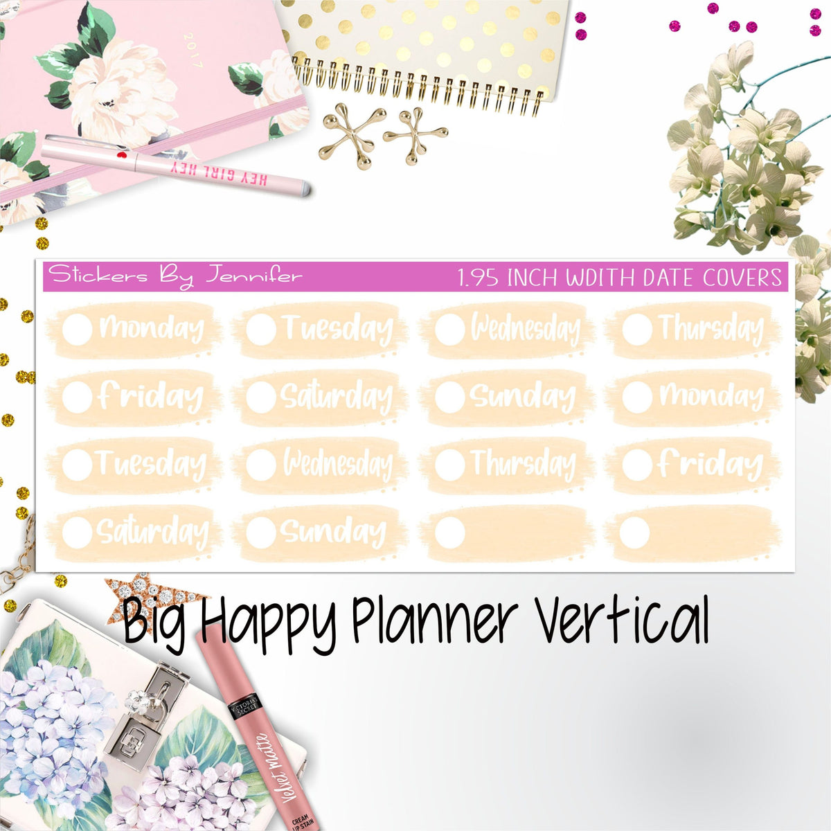 Date Covers 1.95 inch Width Quarter Box Labels 087 for Big Happy Planner Vertical Planner Stickers