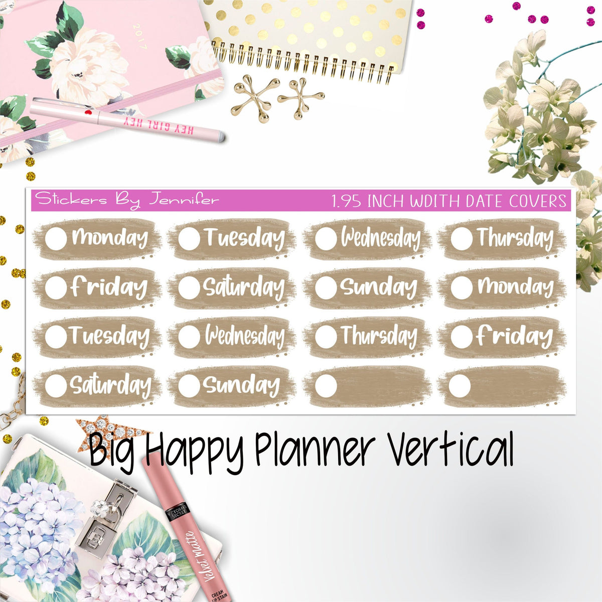 Date Covers 1.95 inch Width Quarter Box Labels 089 for Big Happy Planner Vertical Planner Stickers