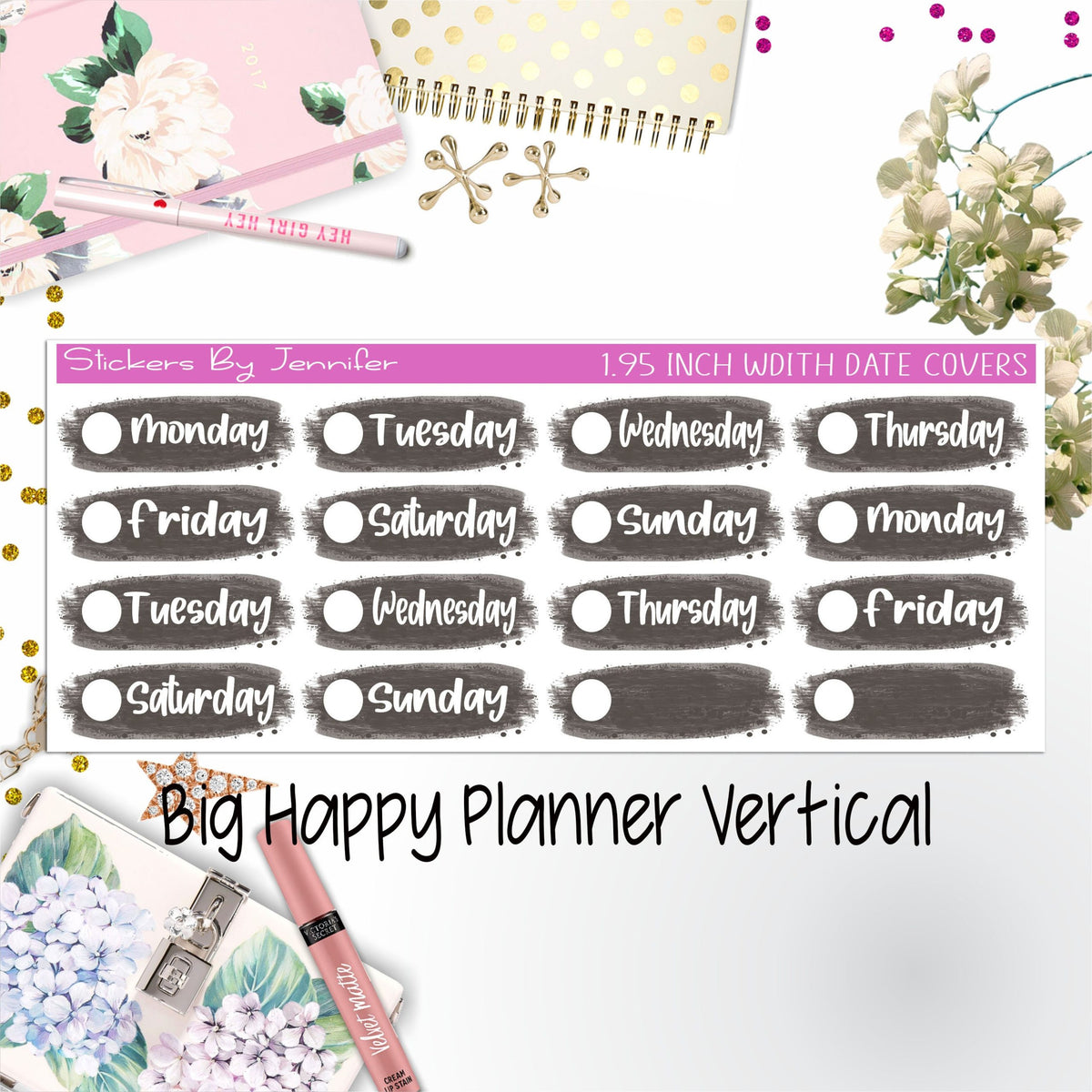 Date Covers 1.95 inch Width Quarter Box Labels 095 for Big Happy Planner Vertical Planner Stickers