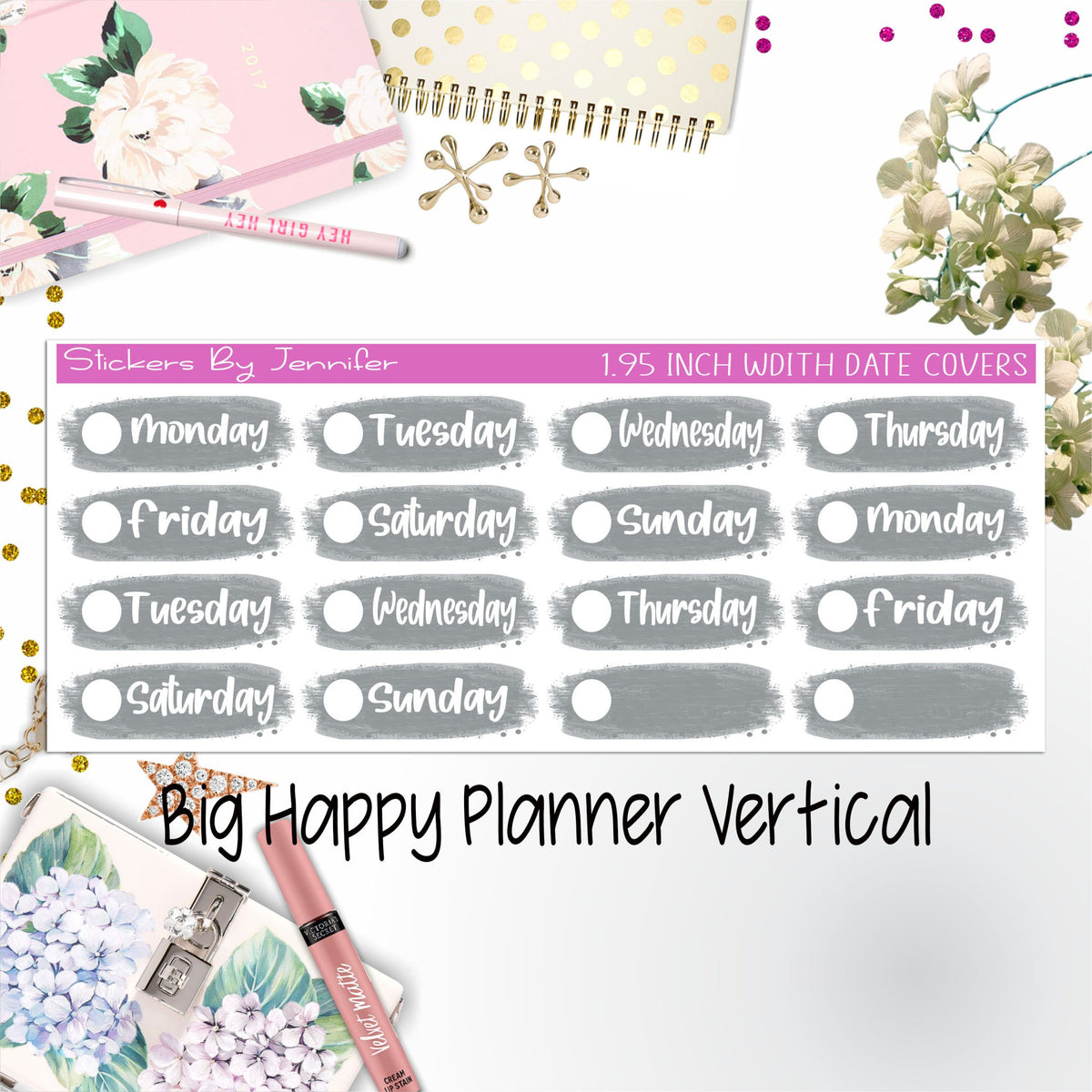 Date Covers 1.95 inch Width Quarter Box Labels 098 for Big Happy Planner Vertical Planner Stickers