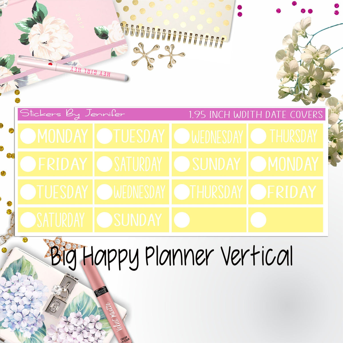 Date Covers 1.95 inch Width Quarter Box Labels 101 for Big Happy Planner Vertical Planner Stickers