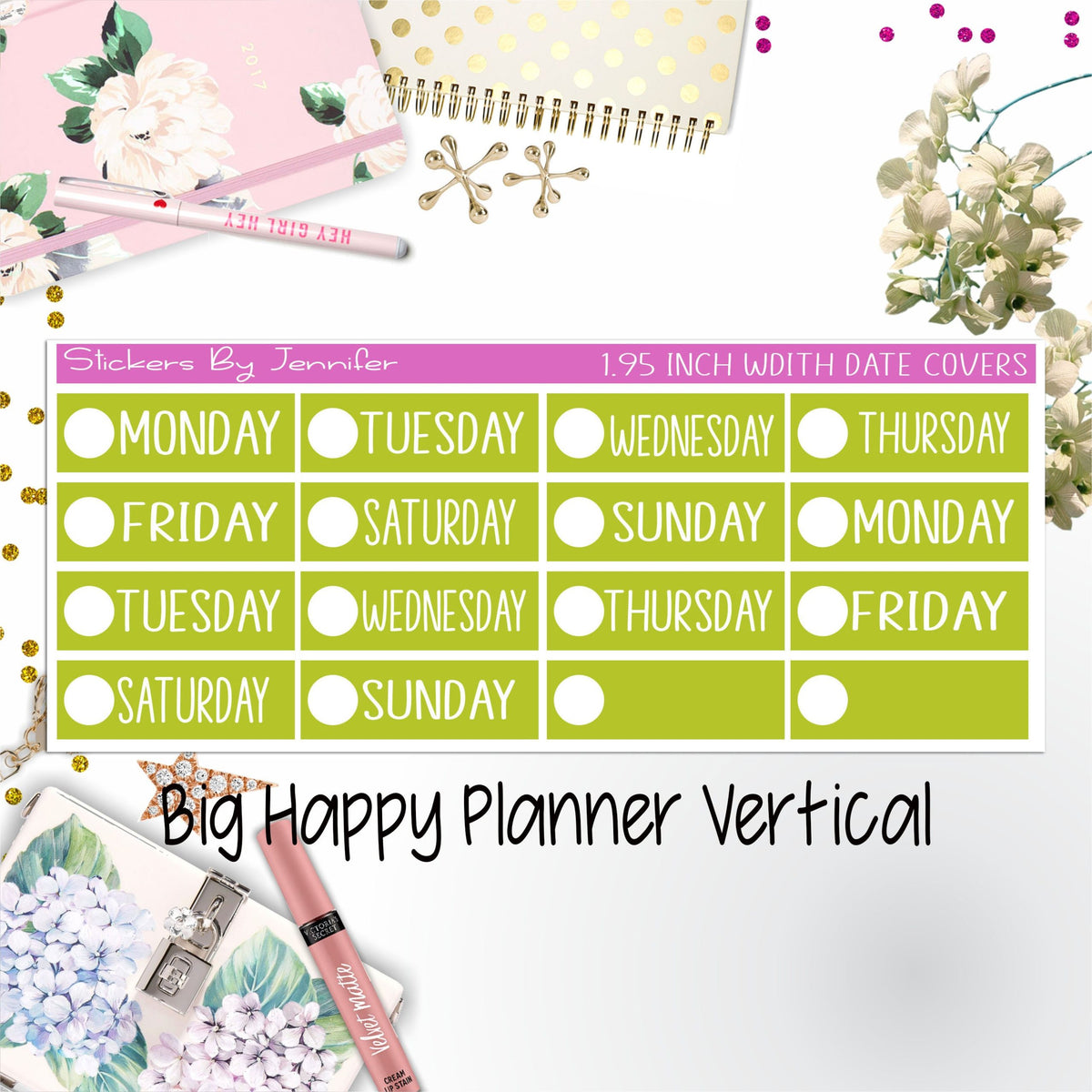 Date Covers 1.95 inch Width Quarter Box Labels 107 for Big Happy Planner Vertical Planner Stickers