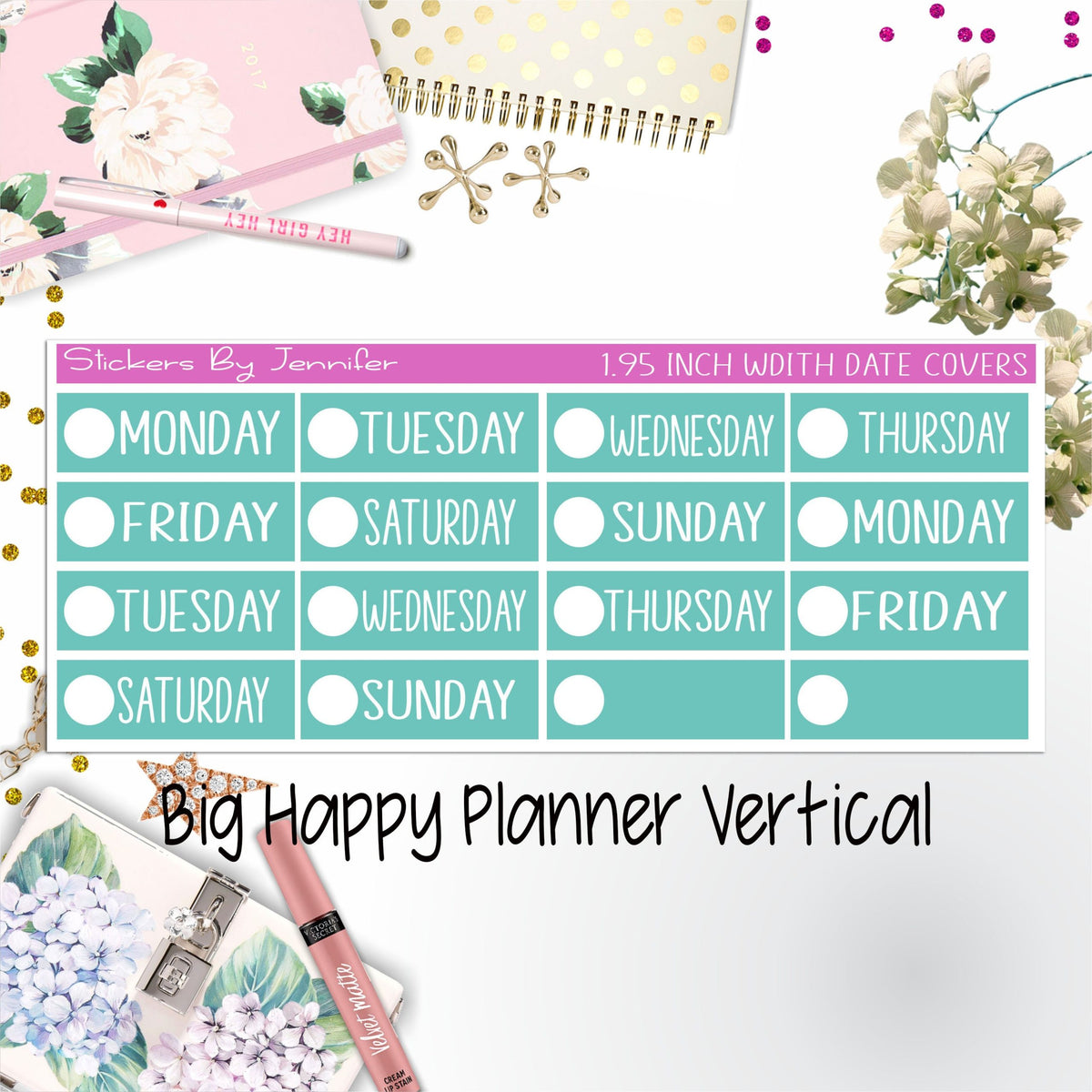 Date Covers 1.95 inch Width Quarter Box Labels 126 for Big Happy Planner Vertical Planner Stickers