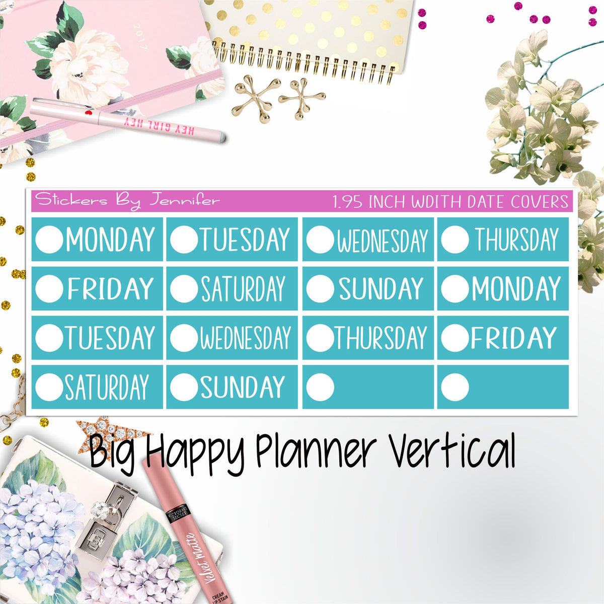 Date Covers 1.95 inch Width Quarter Box Labels 129 for Big Happy Planner Vertical Planner Stickers
