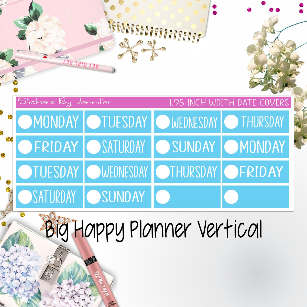 Date Covers 1.95 inch Width Quarter Box Labels 132 for Big Happy Planner Vertical Planner Stickers
