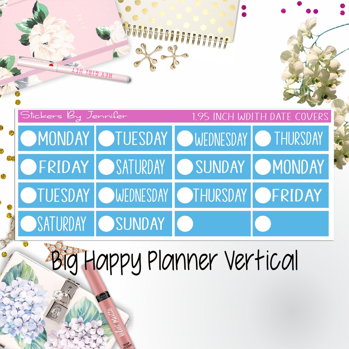 Date Covers 1.95 inch Width Quarter Box Labels 133 for Big Happy Planner Vertical Planner Stickers