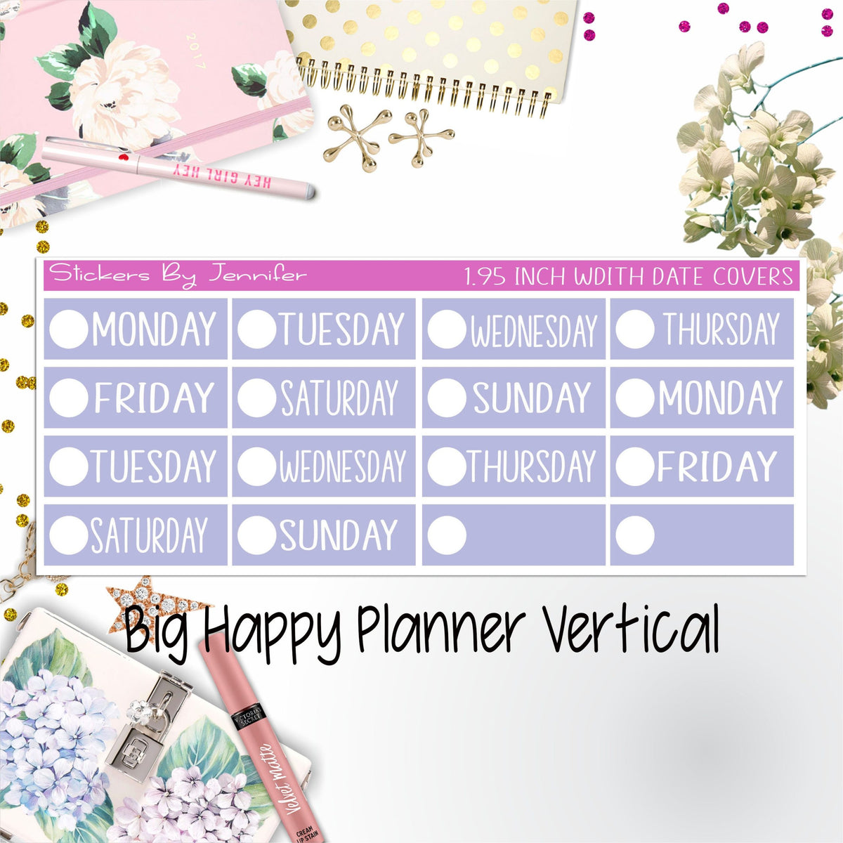 Date Covers 1.95 inch Width Quarter Box Labels 144 for Big Happy Planner Vertical Planner Stickers