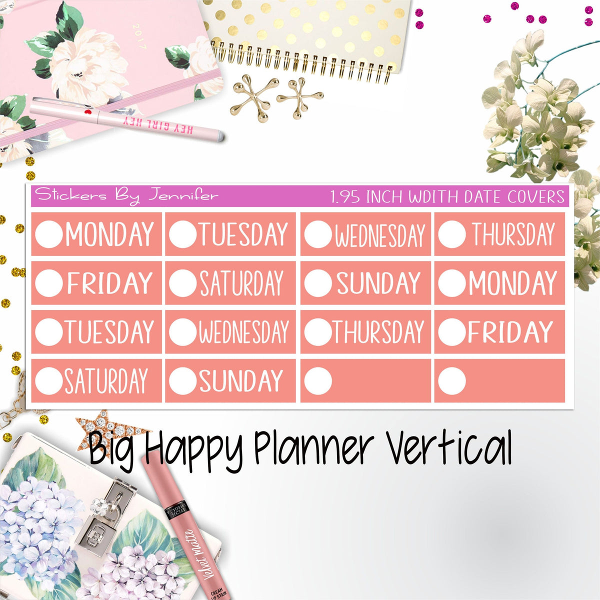 Date Covers 1.95 inch Width Quarter Box Labels 169 for Big Happy Planner Vertical Planner Stickers