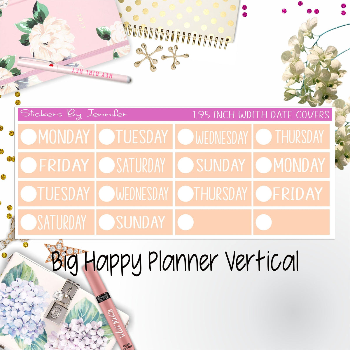 Date Covers 1.95 inch Width Quarter Box Labels 178 for Big Happy Planner Vertical Planner Stickers