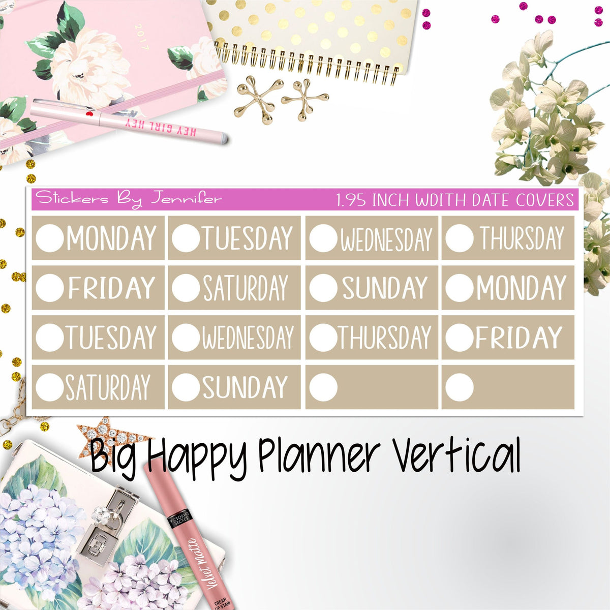 Date Covers 1.95 inch Width Quarter Box Labels 188 for Big Happy Planner Vertical Planner Stickers