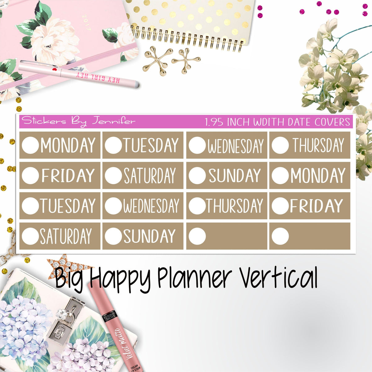 Date Covers 1.95 inch Width Quarter Box Labels 189 for Big Happy Planner Vertical Planner Stickers