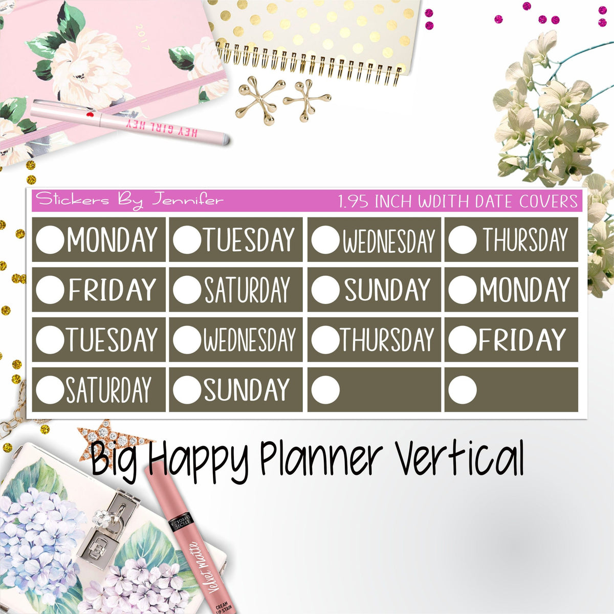 Date Covers 1.95 inch Width Quarter Box Labels 196 for Big Happy Planner Vertical Planner Stickers