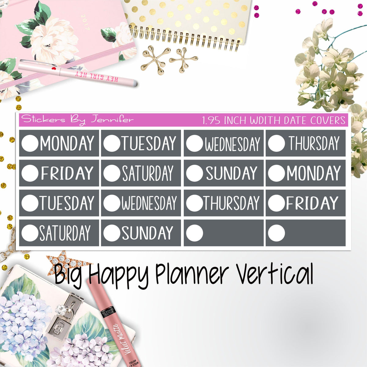 Date Covers 1.95 inch Width Quarter Box Labels 199 for Big Happy Planner Vertical Planner Stickers