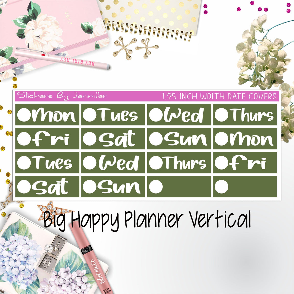 Date Covers 1.95 inch Width Quarter Box Labels 206 for Big Happy Planner Vertical Planner Stickers
