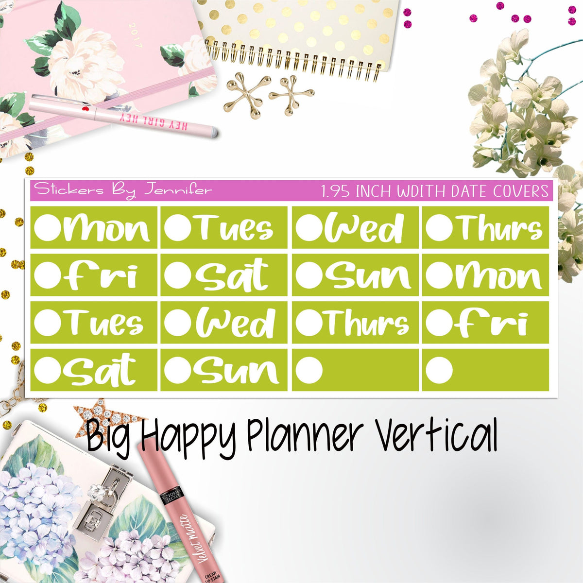 Date Covers 1.95 inch Width Quarter Box Labels 207 for Big Happy Planner Vertical Planner Stickers