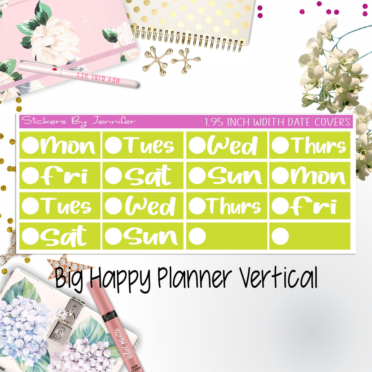 Date Covers 1.95 inch Width Quarter Box Labels 208 for Big Happy Planner Vertical Planner Stickers