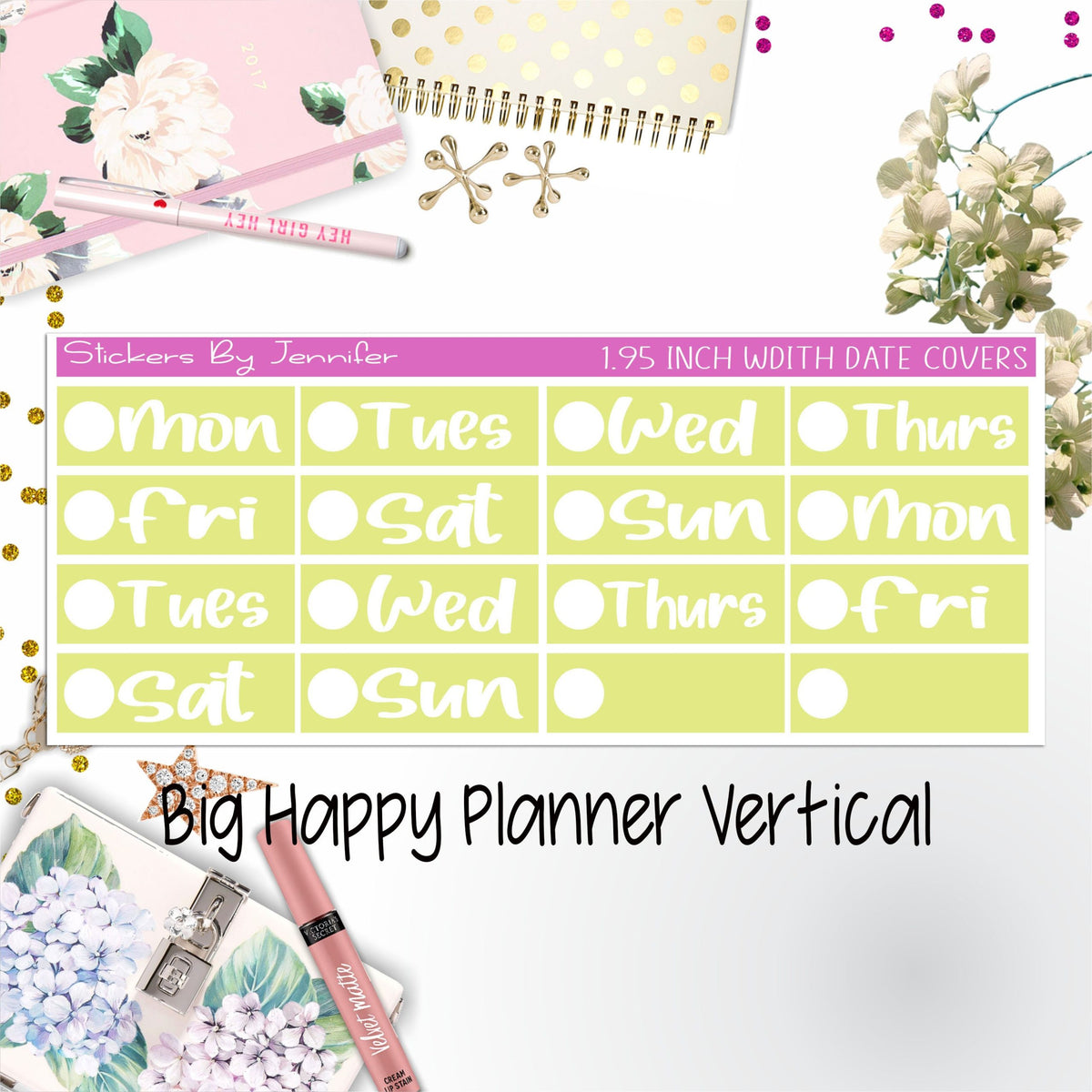 Date Covers 1.95 inch Width Quarter Box Labels 209 for Big Happy Planner Vertical Planner Stickers
