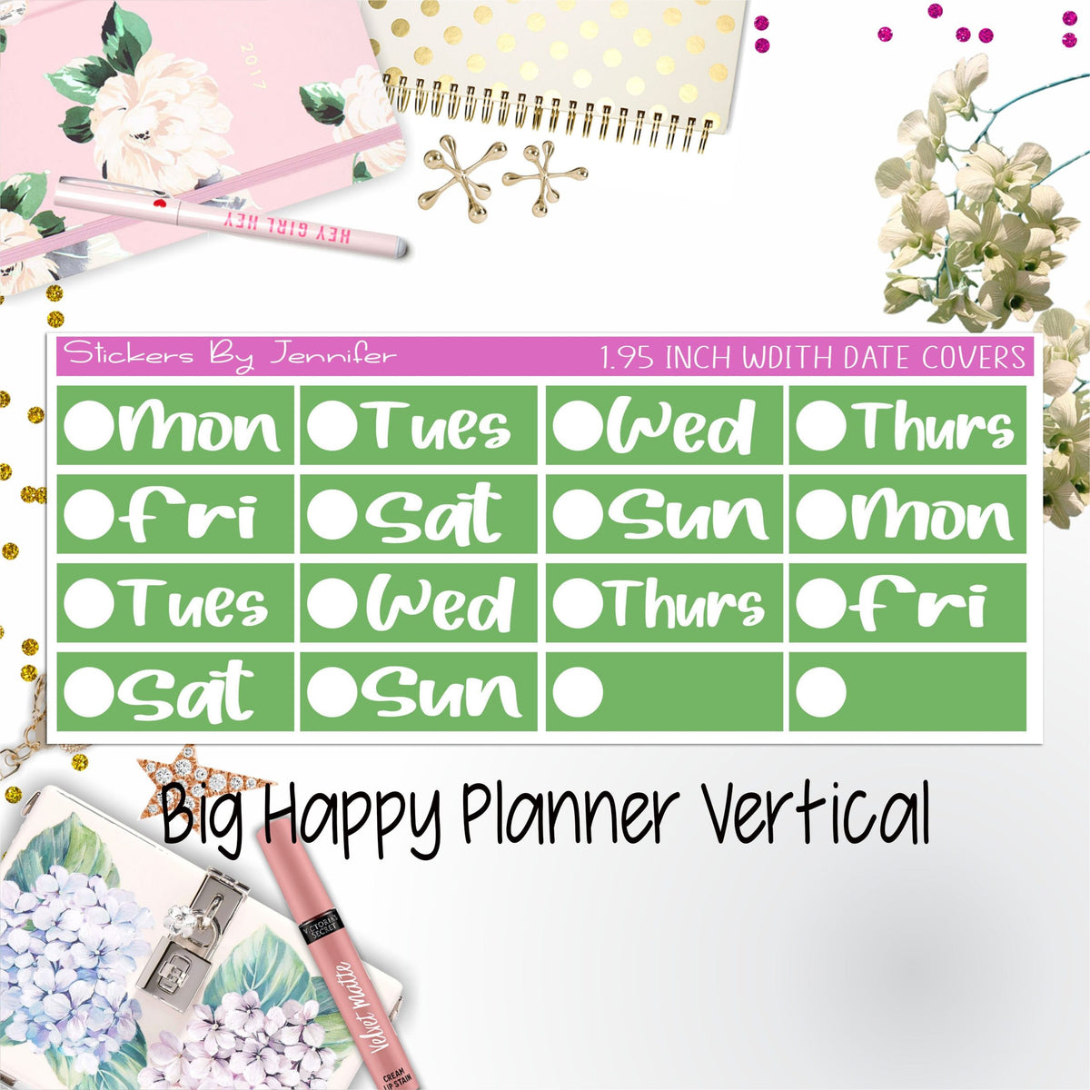 Date Covers 1.95 inch Width Quarter Box Labels 214 for Big Happy Planner Vertical Planner Stickers