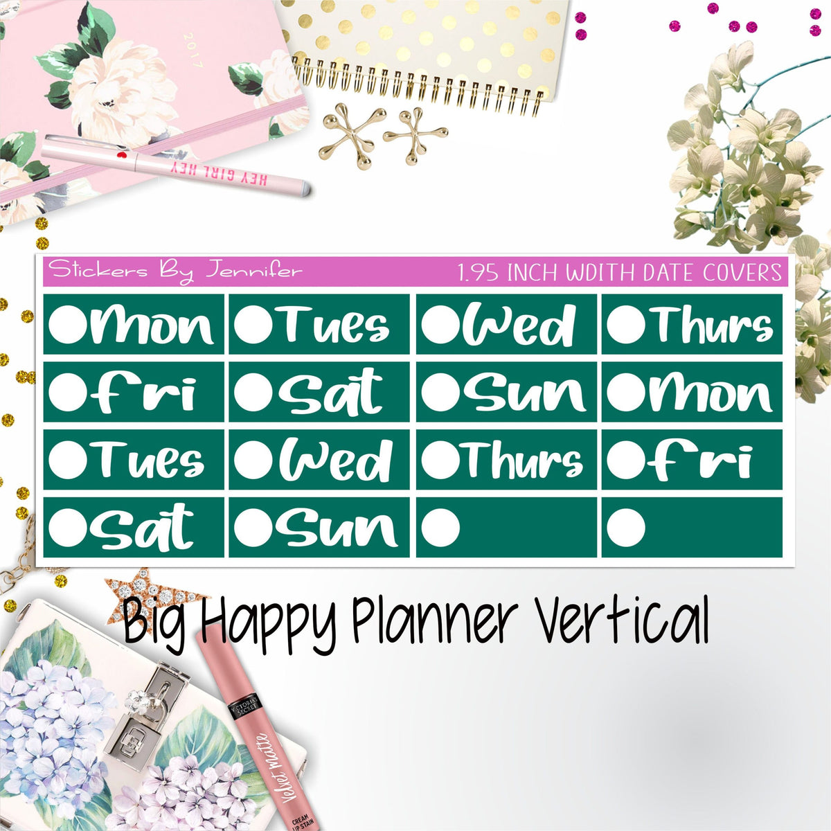 Date Covers 1.95 inch Width Quarter Box Labels 221 for Big Happy Planner Vertical Planner Stickers