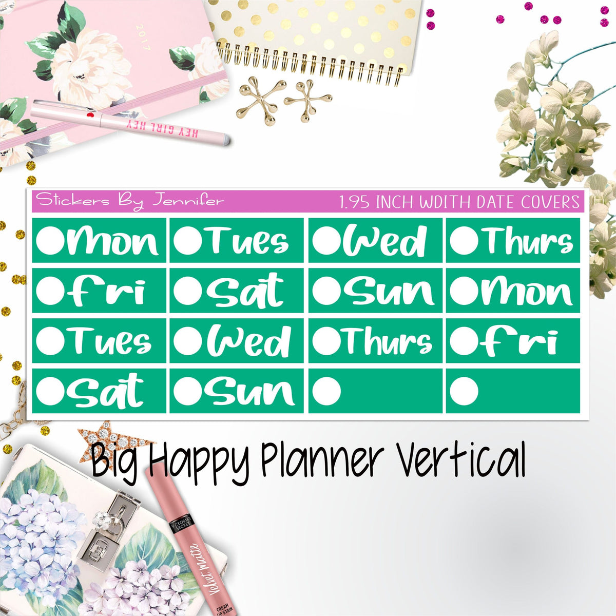 Date Covers 1.95 inch Width Quarter Box Labels 222 for Big Happy Planner Vertical Planner Stickers